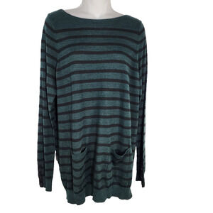 Ann Taylor LOFT Tunic Sweater Large Striped Wool Blend Boat Neck Patch Pocket